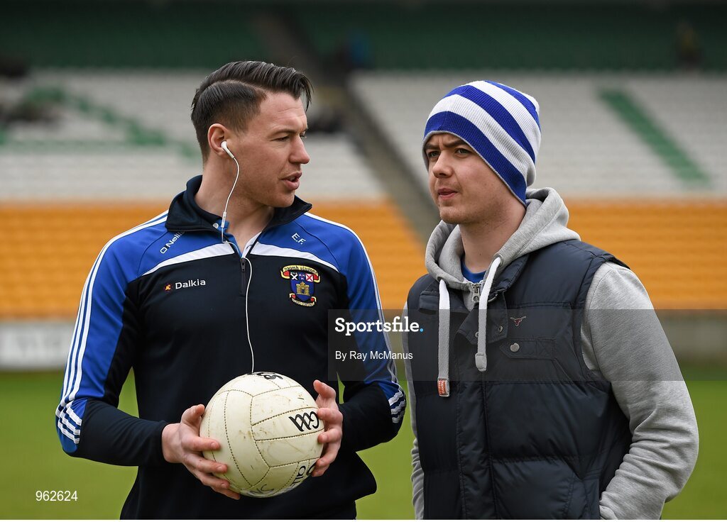 14 February 2015; St Vincent's midfielder Eamon Fennell and his clubmate John Brennan on the pitch before the game. AIB GAA Football All-Ireland Senior Club Championship, Semi-Final, Corofin v St Vincent's. O'Connor Park, Tullamore, Co. Offaly. Picture credit: Ray McManus / SPORTSFILE