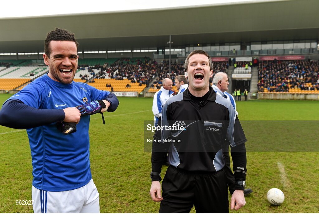 14 February 2015; Ger Brennan, St Vincent's and referee Padraig Hughes before the game. AIB GAA Football All-Ireland Senior Club Championship, Semi-Final, Corofin v St Vincent's. O'Connor Park, Tullamore, Co. Offaly. Picture credit: Ray McManus / SPORTSFILE