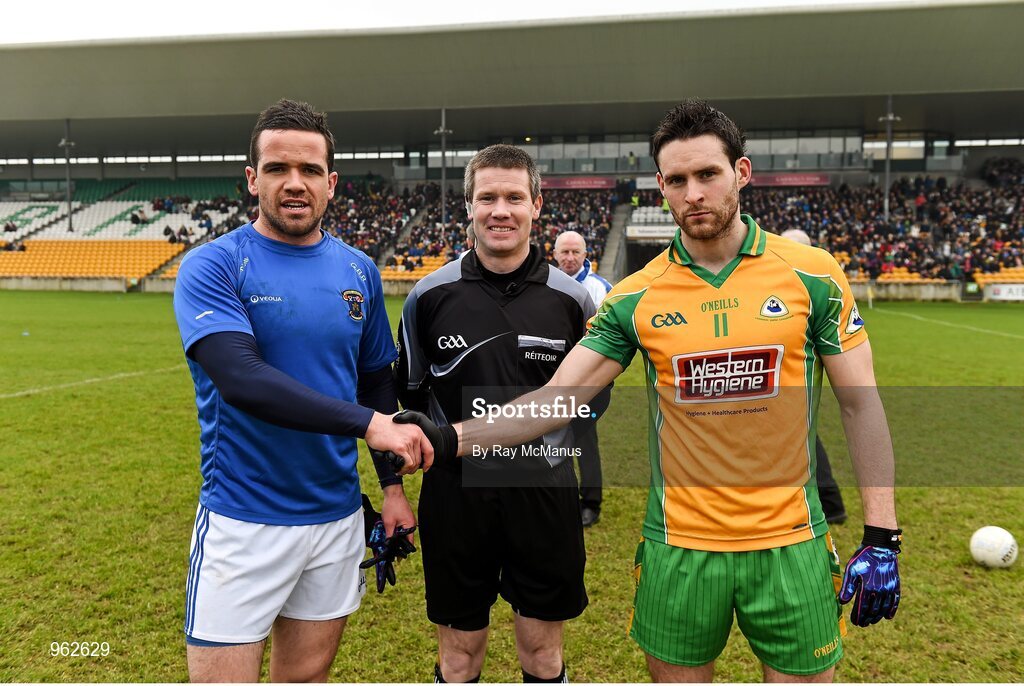 14 February 2015; Ger Brennan, St Vincent's, referee Padraig Hughes and Michael Farragher, Corofin, before the game. AIB GAA Football All-Ireland Senior Club Championship, Semi-Final, Corofin v St Vincent's. O'Connor Park, Tullamore, Co. Offaly. Picture credit: Ray McManus / SPORTSFILE
