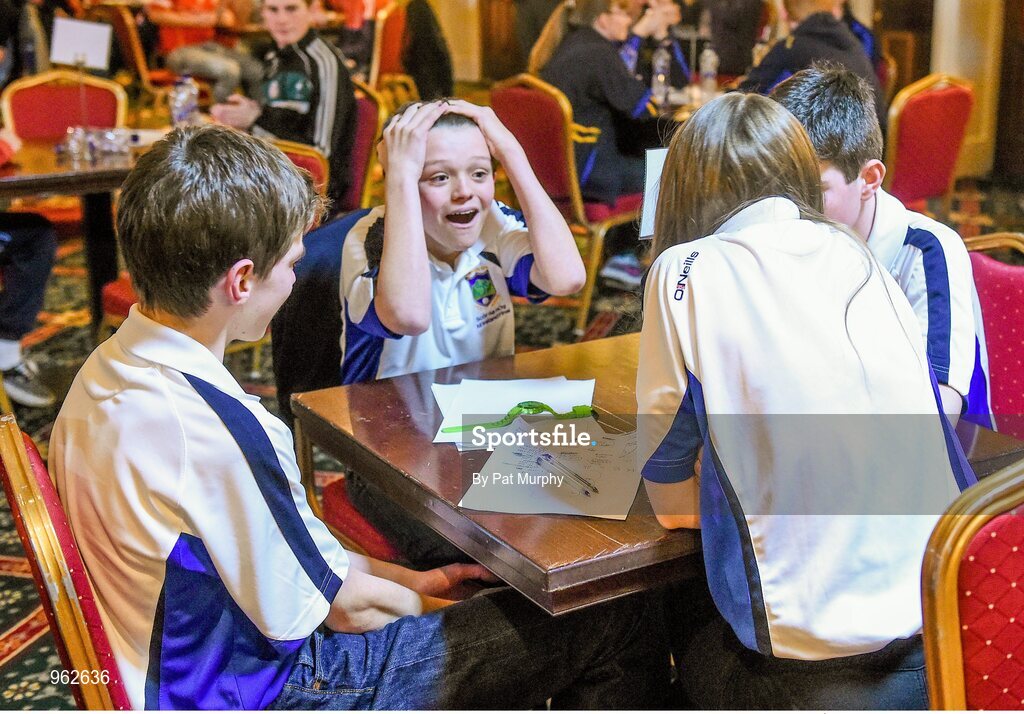 14 February 2015; Micheal O hEithrirn, Spa Cill Airne, Co. Kerry, reacts along side his team-mates Niamh Ni Chlumhain, Tomas Pleamonn and Seamus O Loiinsigh after winning the Table Quiz competition at the All-Ireland Scór na nÓg Championship Finals 2015. Citywest Hotel, Saggart, Co. Dublin. Picture credit: Pat Murphy / SPORTSFILE