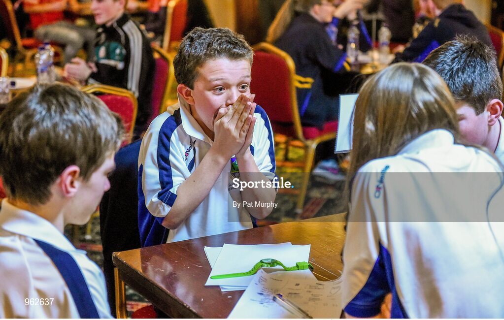 14 February 2015; Micheal O hEithrirn, Spa Cill Airne, Co. Kerry, reacts along side his team-mates Niamh Ni Chlumhain, Tomas Pleamonn and Seamus O Loiinsigh after winning the Table Quiz competition at the All-Ireland Scór na nÓg Championship Finals 2015. Citywest Hotel, Saggart, Co. Dublin. Picture credit: Pat Murphy / SPORTSFILE