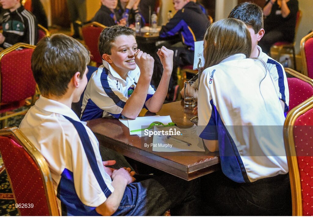 14 February 2015; Micheal O hEithrirn, Spa Cill Airne, Co. Kerry, reacts along side his team-mates Niamh Ni Chlumhain, Tomas Pleamonn and Seamus O Loiinsigh after winning the Table Quiz competition at the All-Ireland Scór na nÓg Championship Finals 2015. Citywest Hotel, Saggart, Co. Dublin. Picture credit: Pat Murphy / SPORTSFILE