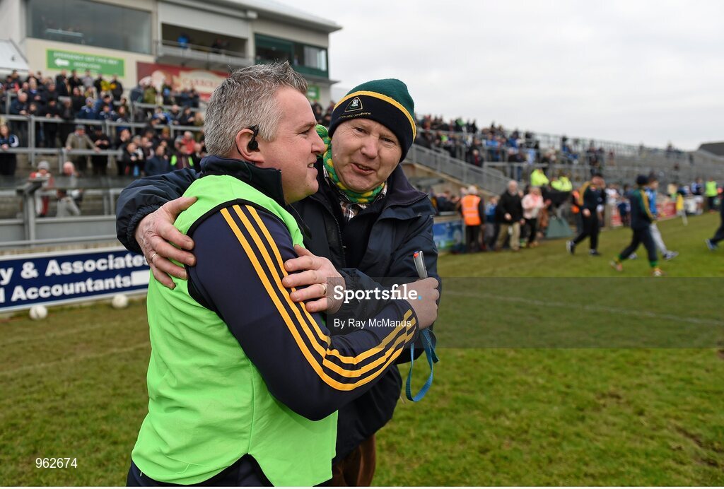 14 February 2015; Corofin manager Stephen Rochford is congratulated by Corofin supporter Joe Stephens. AIB GAA Football All-Ireland Senior Club Championship, Semi-Final, Corofin v St Vincent's. O'Connor Park, Tullamore, Co. Offaly.