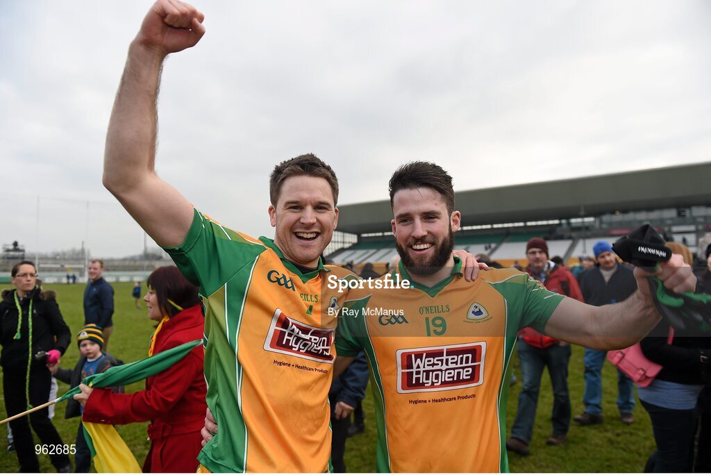 14 February 2015; Kevin Murphy, left, and Conor Cuningham, Corofin, celebrate after the game. AIB GAA Football All-Ireland Senior Club Championship, Semi-Final, Corofin v St Vincent's. O'Connor Park, Tullamore, Co. Offaly. Picture credit: Ray McManus / SPORTSFILE