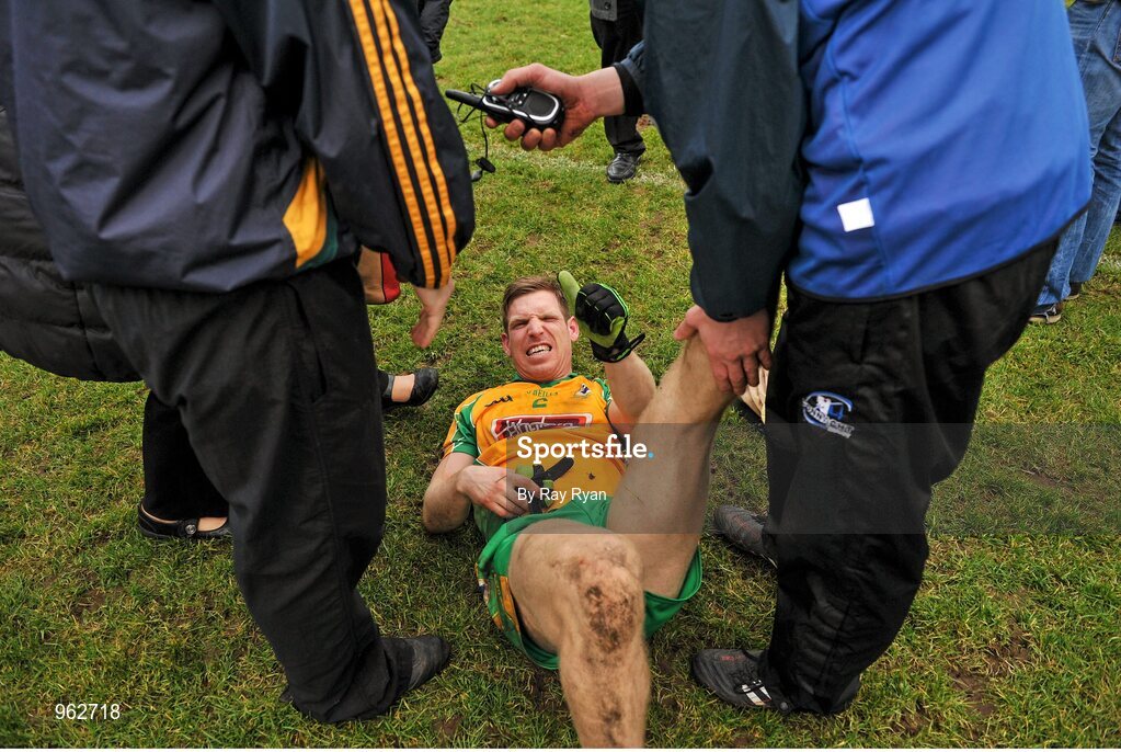 14 February 2015; Corofin's Kieran McGrath gives the thumbs up while receiving treatment for cramp at the end of the match. AIB GAA Football All-Ireland Senior Club Championship, Semi-Final, Corofin v St Vincent's. O'Connor Park, Tullamore, Co. Offaly. Picture credit: Ray Ryan / SPORTSFILE