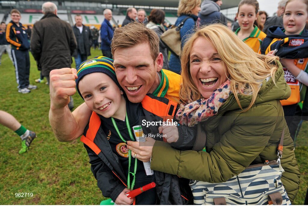14 February 2015; Corofin's Kieran McGrath celebrates with his sister Sharon Hughes and nephew Joey Hughes at the end of the match. AIB GAA Football All-Ireland Senior Club Championship, Semi-Final, Corofin v St Vincent's. O'Connor Park, Tullamore, Co. Offaly. Picture credit: Ray Ryan / SPORTSFILE