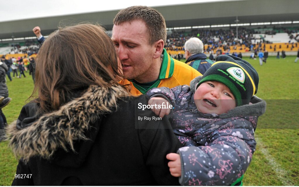 14 February 2015; Corofin's Gary Delaney is congratulated by Sarah Kelly and his daughter Kaya after the match. AIB GAA Football All-Ireland Senior Club Championship, Semi-Final, Corofin v St Vincent's. O'Connor Park, Tullamore, Co. Offaly. Picture credit: Ray Ryan / SPORTSFILE