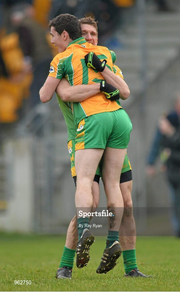 14 February 2015; Corofin's Kieran Fitzgerald and Ian Burke celebrate at the final whistle. AIB GAA Football All-Ireland Senior Club Championship, Semi-Final, Corofin v St Vincent's. O'Connor Park, Tullamore, Co. Offaly. Picture credit: Ray Ryan / SPORTSFILE
