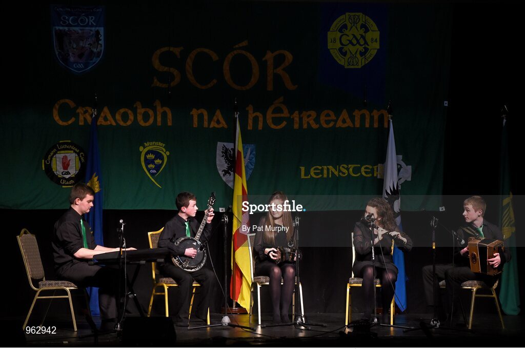 14 February 2015; The Lixnaw, Co. Kerry, team of Donncha Mac Eileagoid, Neilus O Macasa, Elena Nic Eileagoid, Dara O Macasa and Ciara Ni Sheanain on their way to winning the Instrumental Music competition during the All-Ireland Scór na nÓg Championship Finals 2015. Citywest Hotel, Saggart, Co. Dublin. Picture credit: Pat Murphy / SPORTSFILE