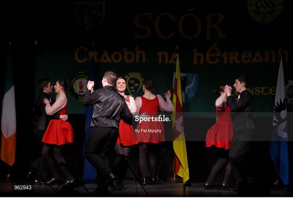 14 February 2015; The Aghamore, Co. Mayo, team of David Hession, Thomas Doherty, Sean Freyne, James Freyne, Rachel Lyons, Anne Duffy, Orna Hession and Eleanor Harrison, on their way to winning the Set Dancing competition during the All-Ireland Scór na nÓg Championship Finals 2015. Citywest Hotel, Saggart, Co. Dublin. Picture credit: Pat Murphy / SPORTSFILE
