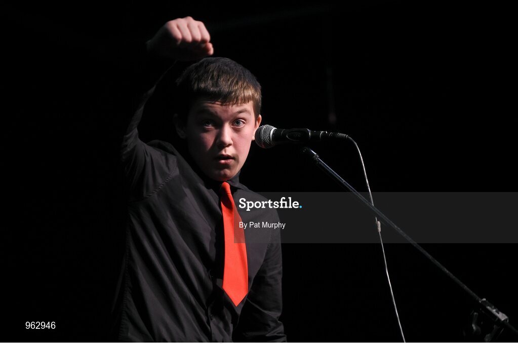 14 February 2015; Ciarán Byrne, J.K. Bracken, Co. Tipperary, on his way to winning the Story Telling competition during the All-Ireland Scór na nÓg Championship Finals 2015. Citywest Hotel, Saggart, Co. Dublin. Picture credit: Pat Murphy / SPORTSFILE