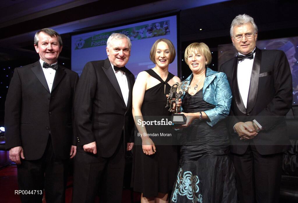 17 November 2007; Mary Rose Kelly, Wexford, is presented with her Allstar award by Geraldine Giles, President, Cumann Peil na mBan, in the company of An Taoiseach Bertie Ahern, T.D, Pol O Callachoir, left, Ceannsai, TG4 and Tony Towell, O'Neills, at the 2007 O'Neills/TG4 Ladies Football All-Star Awards. Citywest Hotel, Conference, Leisure & Golf Resort, Saggart, Co. Dublin. Picture credit: Brendan Moran / SPORTSFILE  *** Local Caption ***