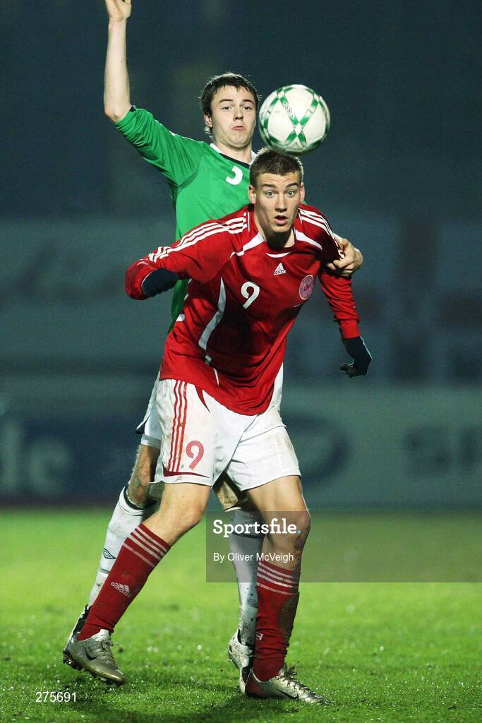 17 November 2007; Nicklas Bendtner, Denmark, in action against Jonny Evans, Northern Ireland. 2008 European Championship Qualifier, Northern Ireland v Denmark, Windsor Park, Belfast, Co. Antrim. Picture credit; Oliver McVeigh / SPORTSFILE