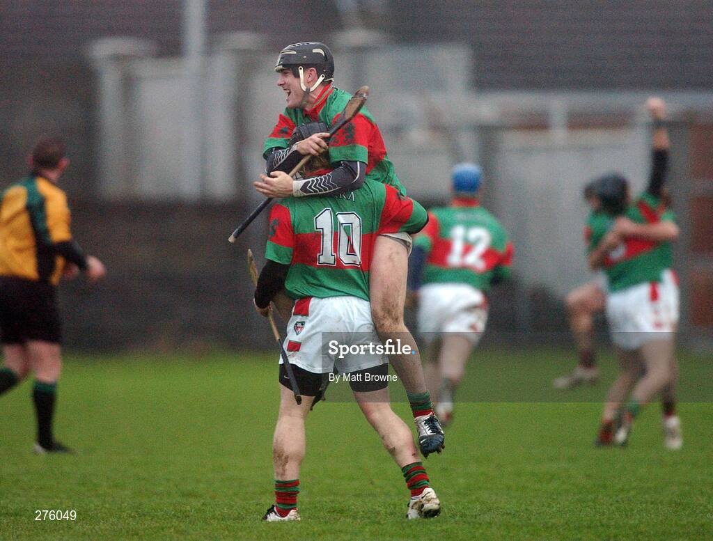 2 December 2007; Sean Ryan, 10, and Paul O'Meara, Birr, celebrate at the final whistle. AIB Leinster Club Hurling Championship Final, Loughmore-Castleiney, Birr, Offaly, v Ballyboden St Enda's, Dublin, O'Connor Park, Tullamore, Co. Offaly. Picture credit; Caroline Quinn / SPORTSFILE