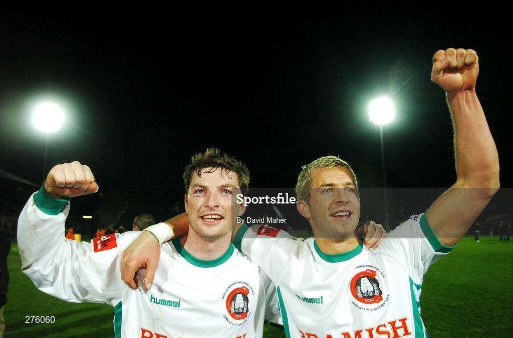 2 December 2007; Cork City's winning goalscorer Denis Behan, left, celebrates at the end of the game with team-mate John O'Flynn. FAI Ford Cup Final, Cork City v Longford Town, RDS, Ballsbridge, Dublin. Picture credit; David Maher / SPORTSFILE