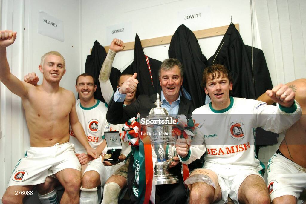 2 December 2007;  Cork City manager Damien Richardson celebrates at the end of the game in the dressing room with players, left to right, Liam Kearney, Colin Healy, Leon Sweeney and Billy Woods. FAI Ford Cup Final, Cork City v Longford Town, RDS, Ballsbridge, Dublin. Picture credit; David Maher / SPORTSFILE