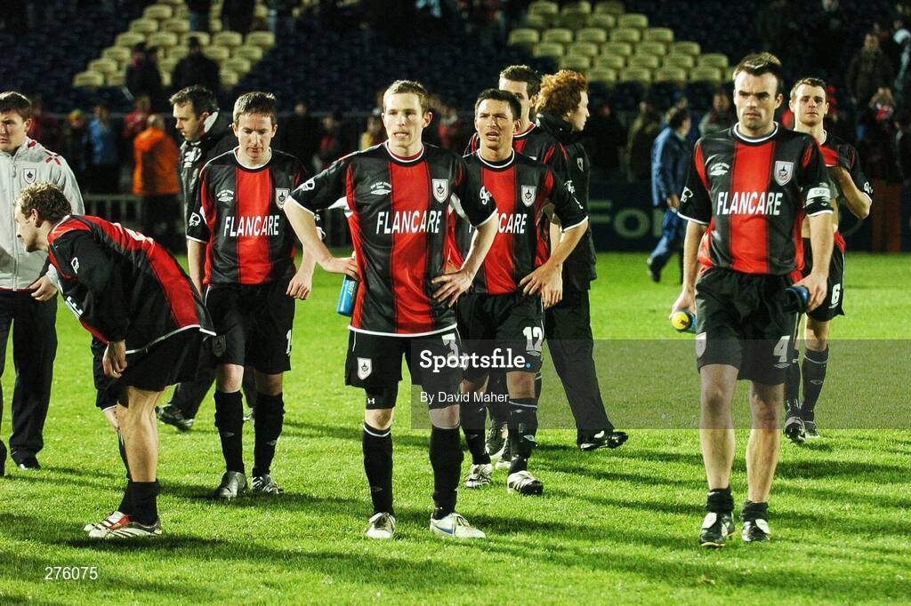 2 December 2007; Dejected Longford Town players at the end of the game. FAI Ford Cup Final, Cork City v Longford Town, RDS, Ballsbridge, Dublin. Picture credit; David Maher / SPORTSFILE