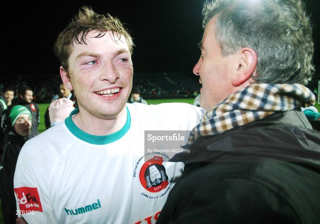 2 December 2007; Cork City's Denis Behan celebrate with his manager Damien Richardson after the match. FAI Ford Cup Final, Cork City v Longford Town, RDS, Ballsbridge, Dublin. Picture credit; Stephen McCarthy / SPORTSFILE