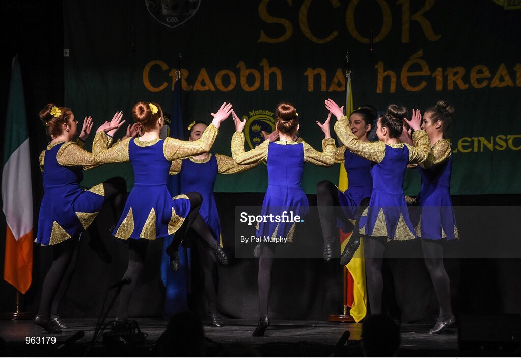 14 February 2015; The Spa, Co. Kerry, team of Aine Ni Bhrosnachain, Caitlin Ni Chroinin, Lamia Switzer, Eabha Ni Shuilleabhain, Sorcha Randal, Leah Ni Mhuimhneachain, Rachel Ni Mhuimhneachain and Megan Ni Chroinin, competing in the Figure Dancing competition during the All-Ireland Scór na nÓg Championship Finals 2015. Citywest Hotel, Saggart, Co. Dublin. Picture credit: Pat Murphy / SPORTSFILE