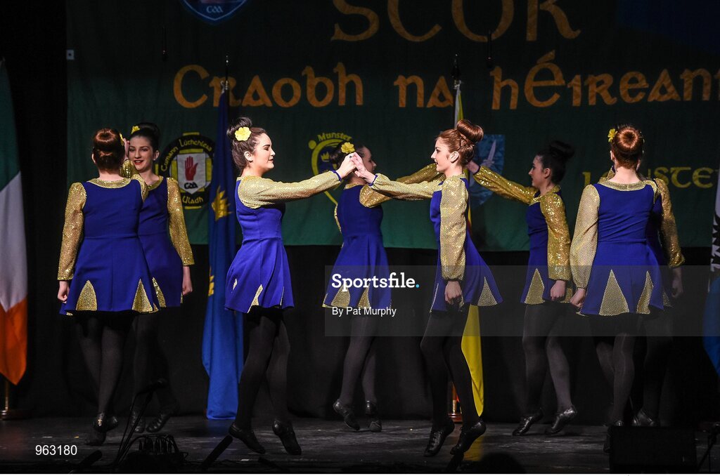 14 February 2015; The Spa, Co. Kerry, team of Aine Ni Bhrosnachain, Caitlin Ni Chroinin, Lamia Switzer, Eabha Ni Shuilleabhain, Sorcha Randal, Leah Ni Mhuimhneachain, Rachel Ni Mhuimhneachain and Megan Ni Chroinin, competing in the Figure Dancing competition during the All-Ireland Scór na nÓg Championship Finals 2015. Citywest Hotel, Saggart, Co. Dublin. Picture credit: Pat Murphy / SPORTSFILE