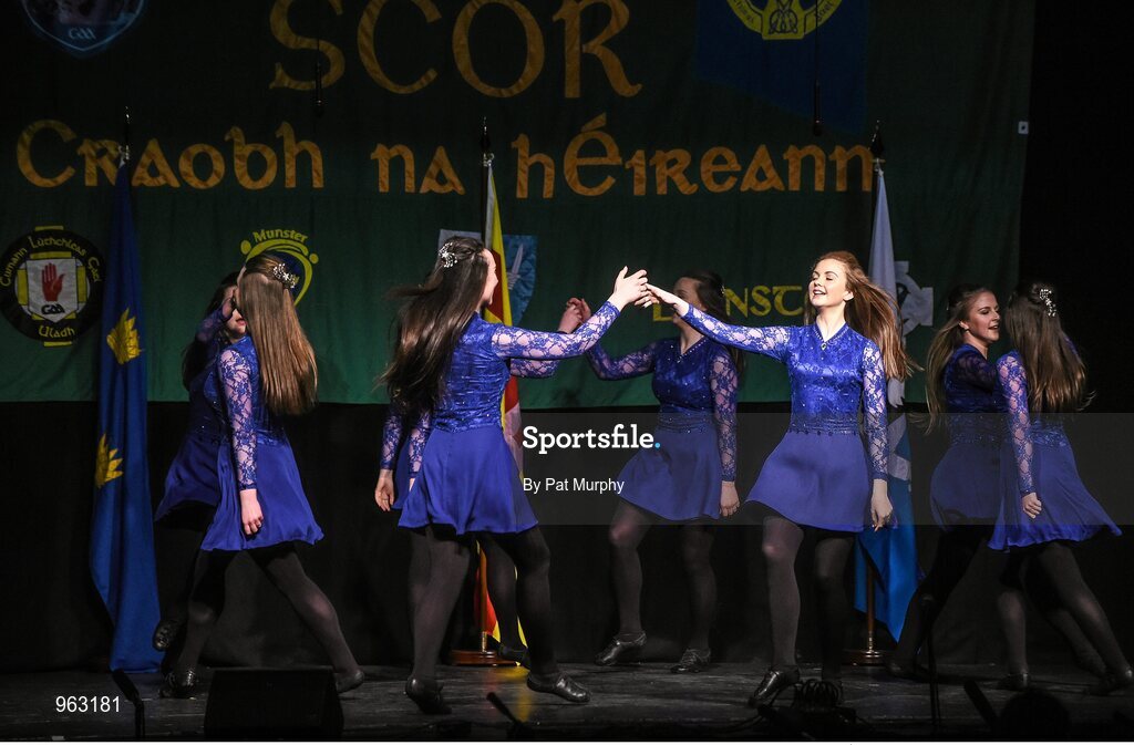 14 February 2015; The St. Dominic’s, Co. Roscommon, team of Tara Kenny, Lisa Kilcline, Meabh McCormack, Rachel Connaughton, Roisin Roddy, Cerys Bryer, Ciara Roddy and Ciara Sweeney, competing in the Figure Dancing competition during the All-Ireland Scór na nÓg Championship Finals 2015. Citywest Hotel, Saggart, Co. Dublin. Picture credit: Pat Murphy / SPORTSFILE