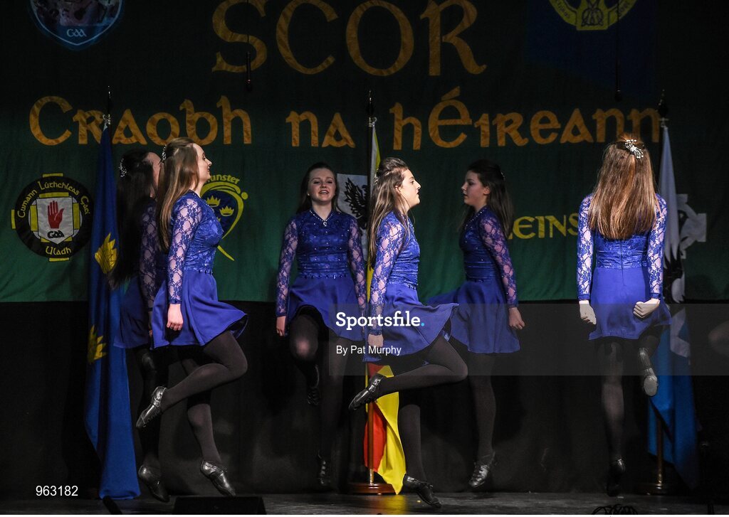 14 February 2015; The St. Dominic’s, Co. Roscommon, team of Tara Kenny, Lisa Kilcline, Meabh McCormack, Rachel Connaughton, Roisin Roddy, Cerys Bryer, Ciara Roddy and Ciara Sweeney, competing in the Figure Dancing competition during the All-Ireland Scór na nÓg Championship Finals 2015. Citywest Hotel, Saggart, Co. Dublin. Picture credit: Pat Murphy / SPORTSFILE