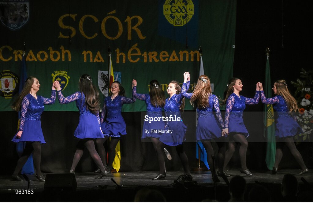 14 February 2015; The St. Dominic’s, Co. Roscommon, team of Tara Kenny, Lisa Kilcline, Meabh McCormack, Rachel Connaughton, Roisin Roddy, Cerys Bryer, Ciara Roddy and Ciara Sweeney, competing in the Figure Dancing competition during the All-Ireland Scór na nÓg Championship Finals 2015. Citywest Hotel, Saggart, Co. Dublin. Picture credit: Pat Murphy / SPORTSFILE