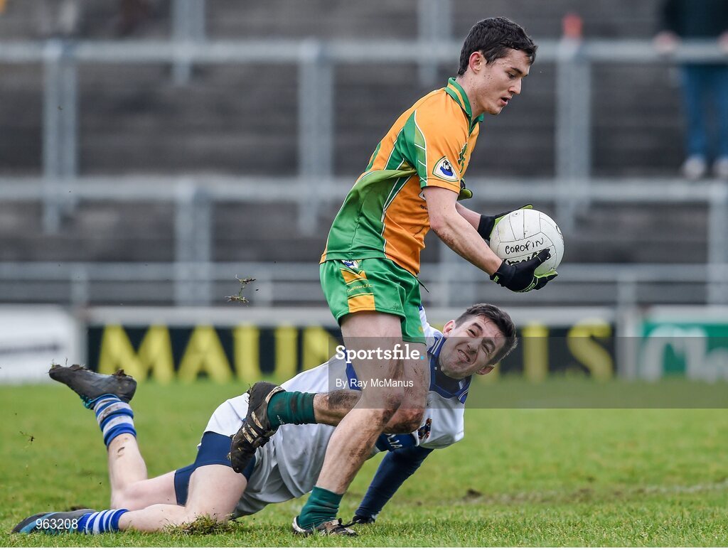 14 February 2015; Ian Burke, Corofin, in action against Hugh Gill, St Vincent's. AIB GAA Football All-Ireland Senior Club Championship, Semi-Final, Corofin v St Vincent's. O'Connor Park, Tullamore, Co. Offaly. Picture credit: Ray McManus / SPORTSFILE