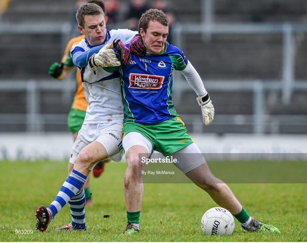 14 February 2015; Corofin goalkeeper Tom Healy in action against Tomás Quinn, St Vincent's. AIB GAA Football All-Ireland Senior Club Championship, Semi-Final, Corofin v St Vincent's. O'Connor Park, Tullamore, Co. Offaly. Picture credit: Ray McManus / SPORTSFILE