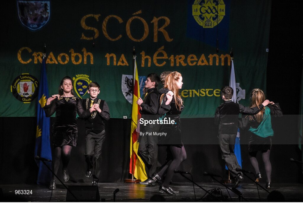 14 February 2015; The John Mitchels’s, Glenullin, Co. Derry, team of Michael Og McGeown, Fergal Close, Donal Close, Ronan Close, Emer Kelly, Tiegan Mullan, Aine Apperly, Chloe Aine Ni Mhaolain, competing in the Set Dancing competition during the All-Ireland Scór na nÓg Championship Finals 2015. Citywest Hotel, Saggart, Co. Dublin. Picture credit: Pat Murphy / SPORTSFILE