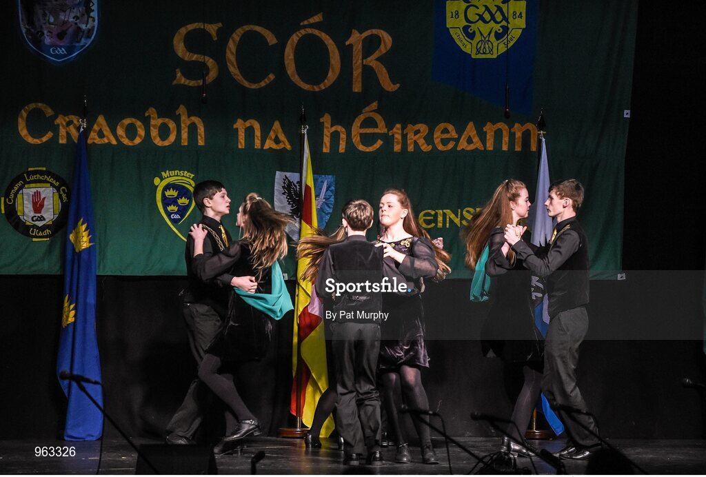 14 February 2015; The John Mitchels’s, Glenullin, Co. Derry, team of Michael Og McGeown, Fergal Close, Donal Close, Ronan Close, Emer Kelly, Tiegan Mullan, Aine Apperly, Chloe Aine Ni Mhaolain, competing in the Set Dancing competition during the All-Ireland Scór na nÓg Championship Finals 2015. Citywest Hotel, Saggart, Co. Dublin. Picture credit: Pat Murphy / SPORTSFILE