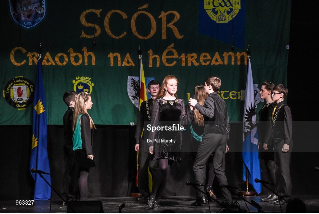 14 February 2015; The John Mitchels’s, Glenullin, Co. Derry, team of Michael Og McGeown, Fergal Close, Donal Close, Ronan Close, Emer Kelly, Tiegan Mullan, Aine Apperly, Chloe Aine Ni Mhaolain, competing in the Set Dancing competition during the All-Ireland Scór na nÓg Championship Finals 2015. Citywest Hotel, Saggart, Co. Dublin. Picture credit: Pat Murphy / SPORTSFILE
