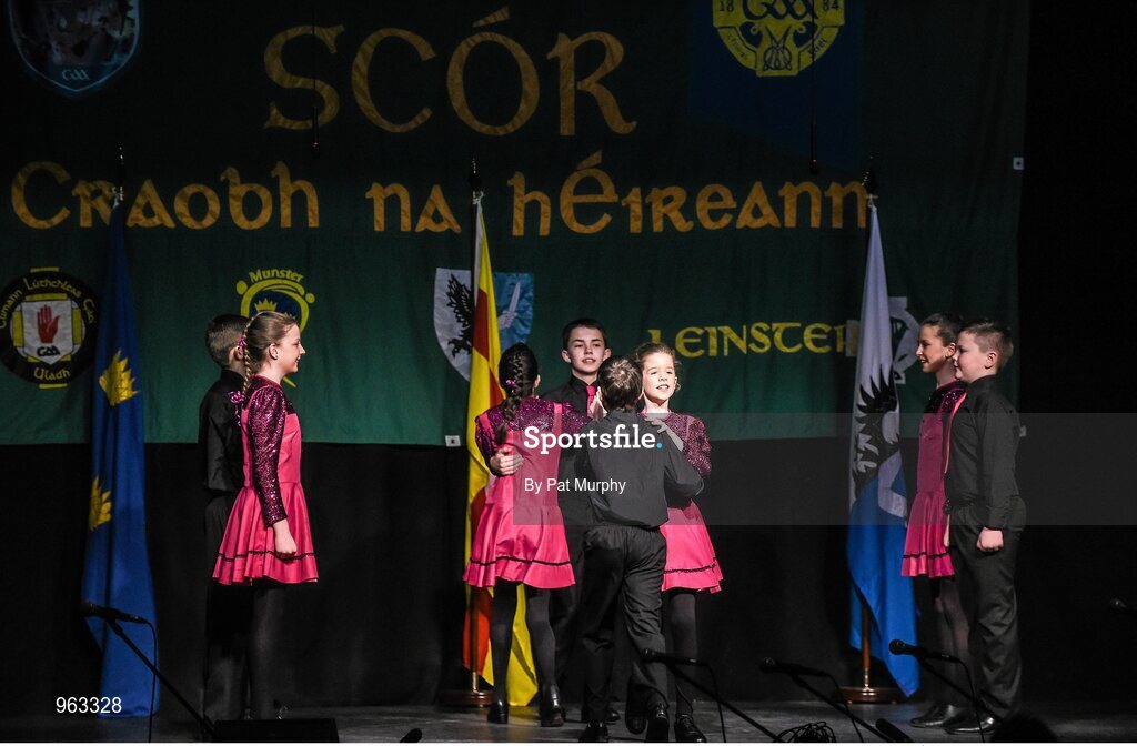 14 February 2015; The Lissycasey, Co. Clare, team of Lisa an Chnoic, Clodagh Ni Eirlthi, Eilis Roise Ni Colgain, Eibhlin Ni Ghriofa, Aodhan O hAnrachain, Shane O Griofa, Evan O Suilleabhain and Caolan Mac Concro, competing in the Set Dancing competition during the All-Ireland Scór na nÓg Championship Finals 2015. Citywest Hotel, Saggart, Co. Dublin. Picture credit: Pat Murphy / SPORTSFILE