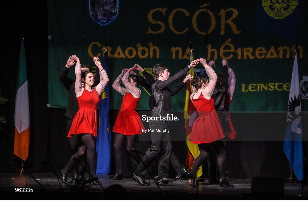14 February 2015; The Aghamore, Co. Mayo, team of David Hession, Thomas Doherty, Sean Freyne, James Freyne, Rachel Lyons, Anne Duffy, Orna Hession and Eleanor Harrison, competing in the Set Dancing competition during the All-Ireland Scór na nÓg Championship Finals 2015. Citywest Hotel, Saggart, Co. Dublin. Picture credit: Pat Murphy / SPORTSFILE