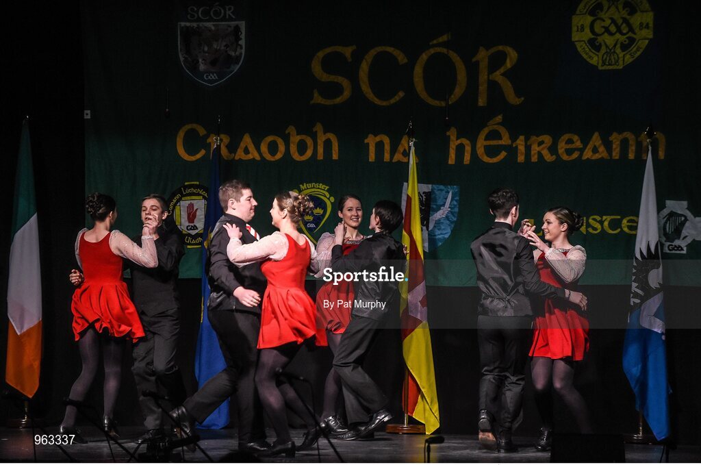 14 February 2015; The Aghamore, Co. Mayo, team of David Hession, Thomas Doherty, Sean Freyne, James Freyne, Rachel Lyons, Anne Duffy, Orna Hession and Eleanor Harrison, competing in the Set Dancing competition during the All-Ireland Scór na nÓg Championship Finals 2015. Citywest Hotel, Saggart, Co. Dublin. Picture credit: Pat Murphy / SPORTSFILE