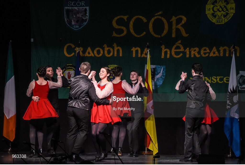 14 February 2015; The Aghamore, Co. Mayo, team of David Hession, Thomas Doherty, Sean Freyne, James Freyne, Rachel Lyons, Anne Duffy, Orna Hession and Eleanor Harrison, competing in the Set Dancing competition during the All-Ireland Scór na nÓg Championship Finals 2015. Citywest Hotel, Saggart, Co. Dublin. Picture credit: Pat Murphy / SPORTSFILE