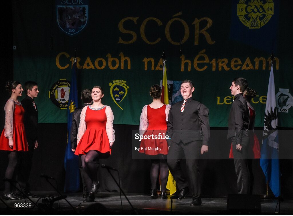 14 February 2015; The Aghamore, Co. Mayo, team of David Hession, Thomas Doherty, Sean Freyne, James Freyne, Rachel Lyons, Anne Duffy, Orna Hession and Eleanor Harrison, competing in the Set Dancing competition during the All-Ireland Scór na nÓg Championship Finals 2015. Citywest Hotel, Saggart, Co. Dublin. Picture credit: Pat Murphy / SPORTSFILE