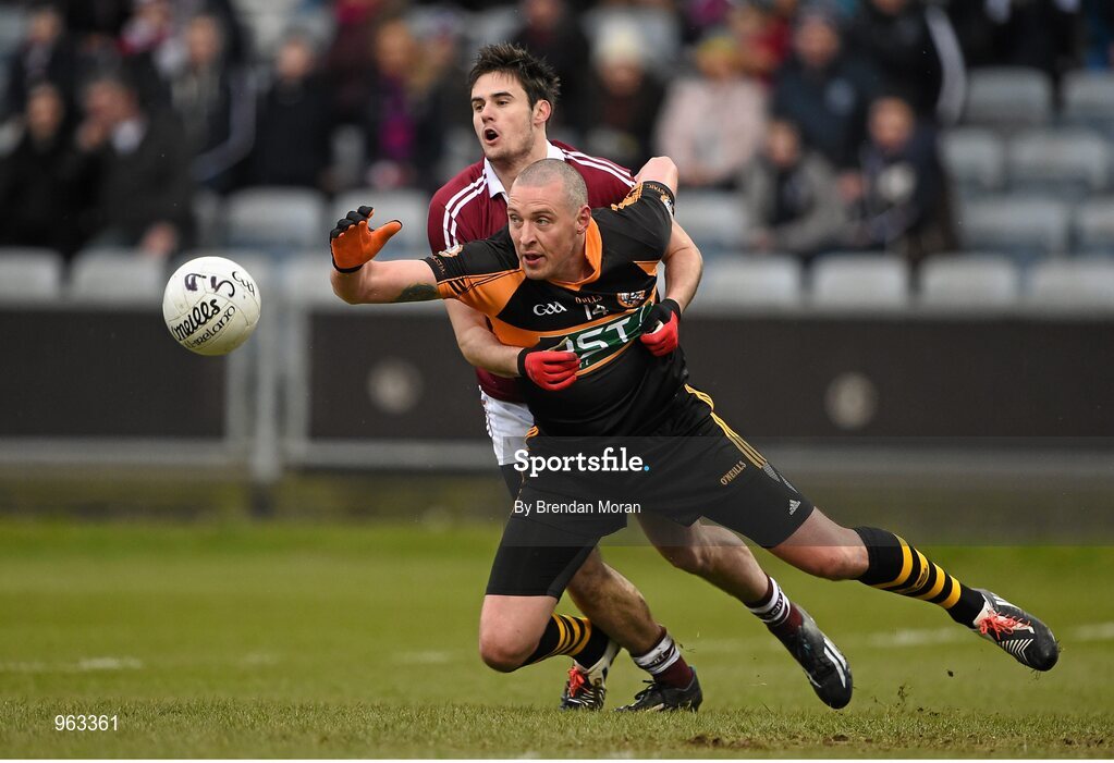 15 February 2015; Kieran Donaghy, Austin Stacks, is tackled by Chrissy McKaigue, Slaughtneil. AIB GAA Football All-Ireland Senior Club Championship, Semi-Final, Austin Stacks v Slaughtneil, O'Moore Park, Portlaoise, Co. Laois. Picture credit: Brendan Moran / SPORTSFILE