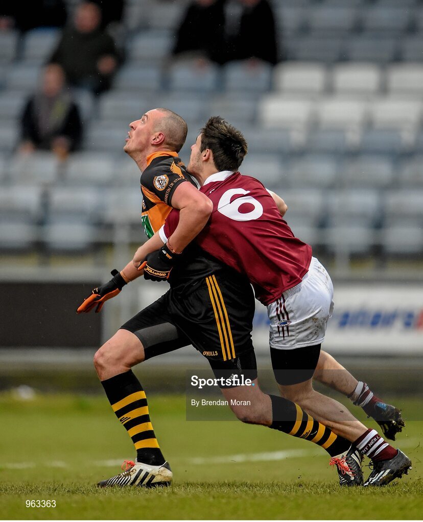 15 February 2015; Kieran Donaghy, Austin Stacks, is fouled by Chrissy McKaigue, Slaughtneil, for his side's first penalty. AIB GAA Football All-Ireland Senior Club Championship, Semi-Final, Austin Stacks v Slaughtneil, O'Moore Park, Portlaoise, Co. Laois. Picture credit: Brendan Moran / SPORTSFILE
