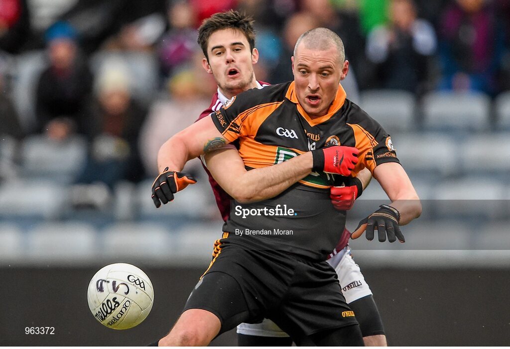 15 February 2015; Kieran Donaghy, Austin Stacks, is tackled by Chrissy McKaigue, Slaughtneil. AIB GAA Football All-Ireland Senior Club Championship, Semi-Final, Austin Stacks v Slaughtneil, O'Moore Park, Portlaoise, Co. Laois. Picture credit: Brendan Moran / SPORTSFILE