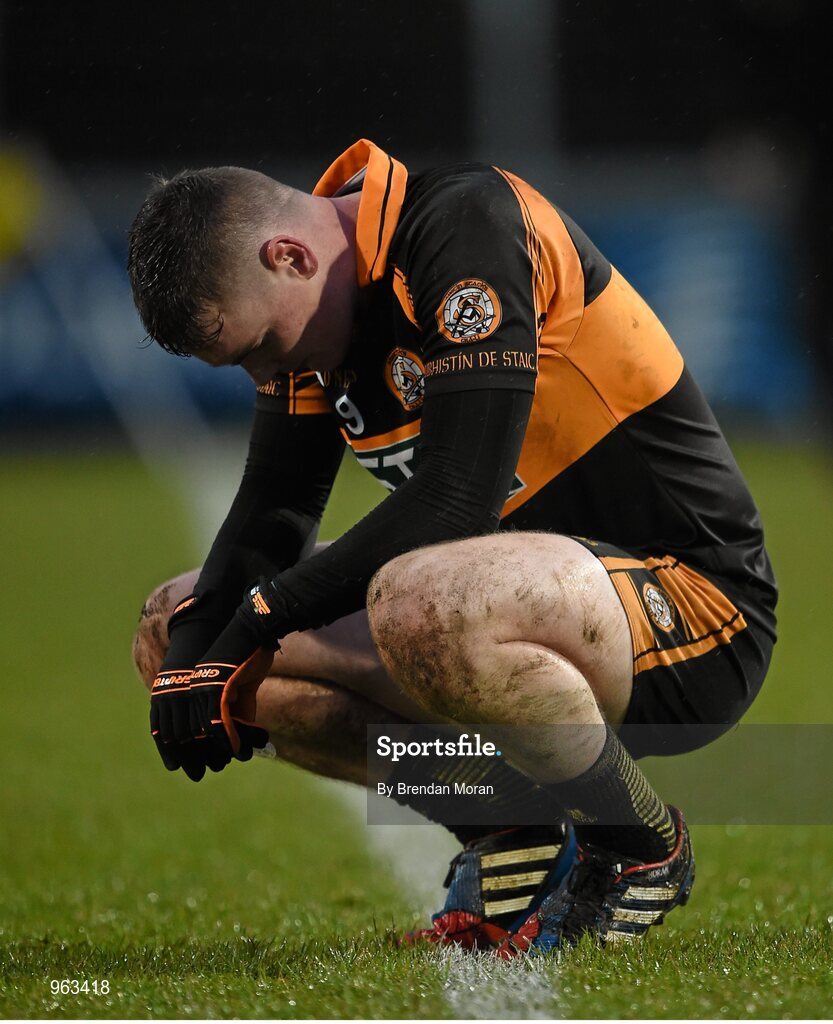 15 February 2015; A dejected Greg Horan, Austin Stacks, after the final whistle. AIB GAA Football All-Ireland Senior Club Championship, Semi-Final, Austin Stacks v Slaughtneil, O'Moore Park, Portlaoise, Co. Laois. Picture credit: Brendan Moran / SPORTSFILE