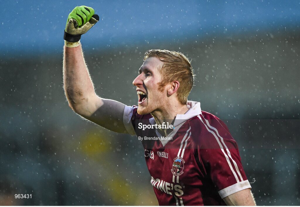 15 February 2015; Paudie McGuigan, Slaughtneil, celebrates at the final whistle after victory over Austin Stacks. AIB GAA Football All-Ireland Senior Club Championship, Semi-Final, Austin Stacks v Slaughtneil, O'Moore Park, Portlaoise, Co. Laois. Picture credit: Brendan Moran / SPORTSFILE