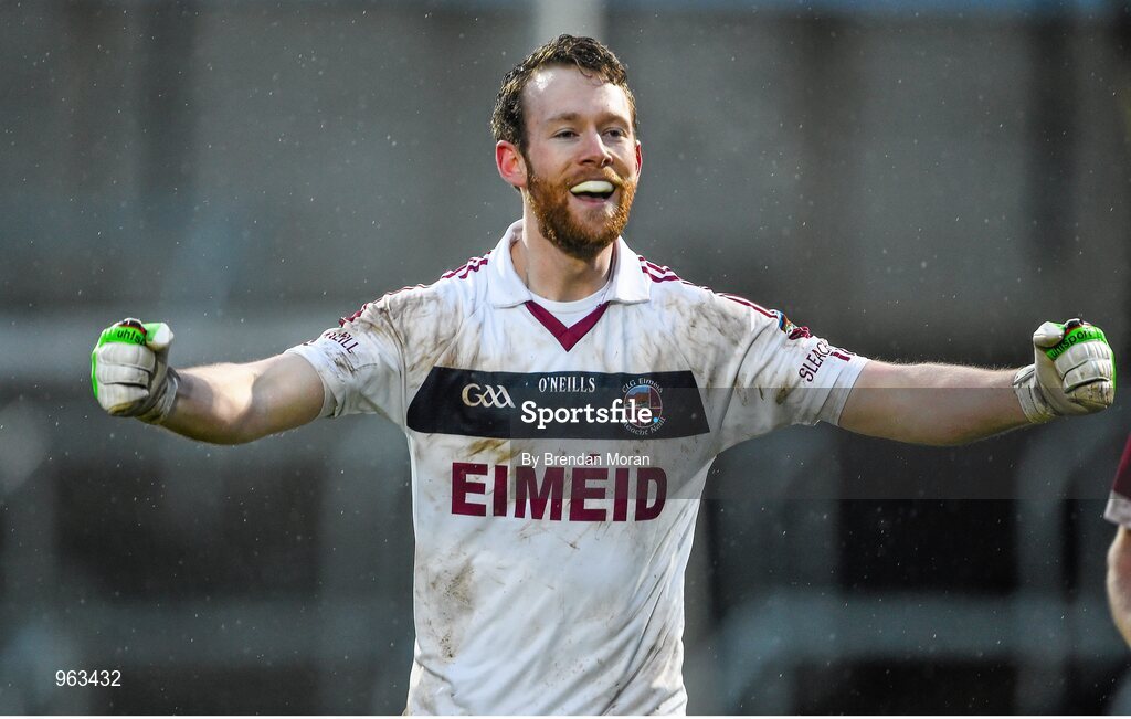 15 February 2015; Slaughtneil goalkeeper Antóin McMullan celebrates at the final whistle after victory over Austin Stacks. AIB GAA Football All-Ireland Senior Club Championship, Semi-Final, Austin Stacks v Slaughtneil, O'Moore Park, Portlaoise, Co. Laois. Picture credit: Brendan Moran / SPORTSFILE