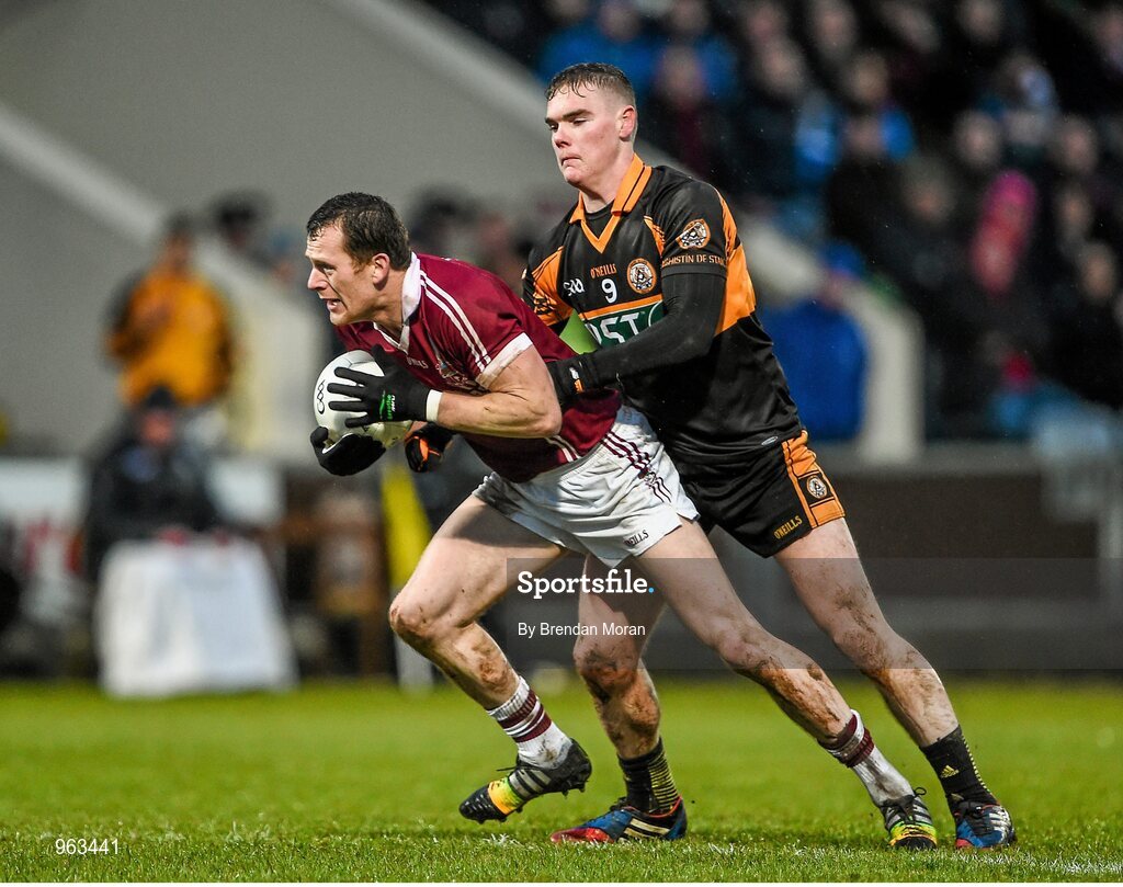 15 February 2015; Patsy Bradley, Slaughtneil, in action against Greg Horan, Austin Stacks. AIB GAA Football All-Ireland Senior Club Championship, Semi-Final, Austin Stacks v Slaughtneil, O'Moore Park, Portlaoise, Co. Laois. Picture credit: Brendan Moran / SPORTSFILE