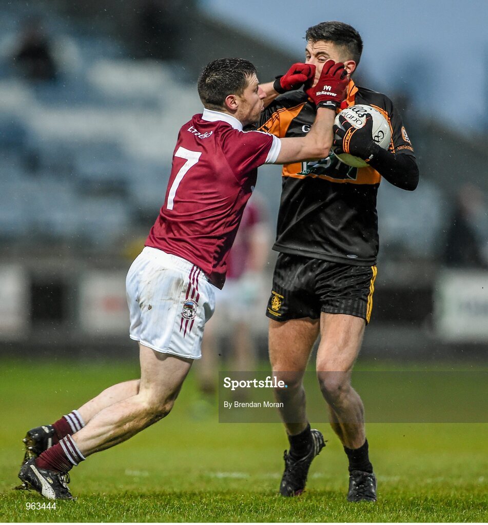 15 February 2015; David Mannix, Austin Stacks, is tackled by Barry McGuigan, Slaughtneil. AIB GAA Football All-Ireland Senior Club Championship, Semi-Final, Austin Stacks v Slaughtneil, O'Moore Park, Portlaoise, Co. Laois. Picture credit: Brendan Moran / SPORTSFILE