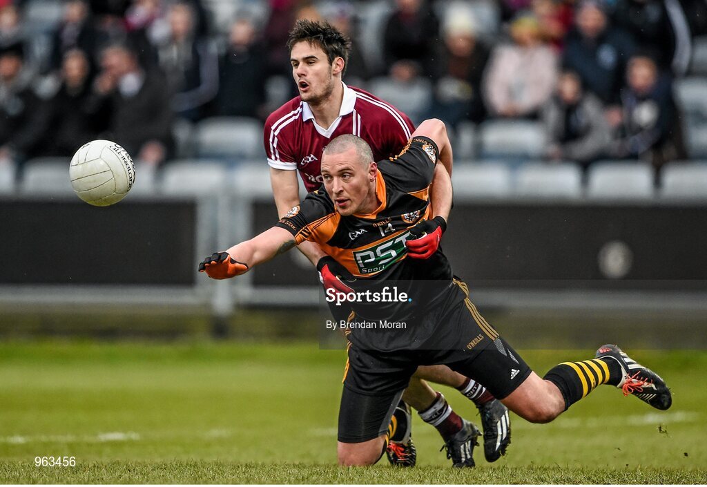 15 February 2015; Kieran Donaghy, Austin Stacks, is tackled by Chrissy McKaigue, Slaughtneil. AIB GAA Football All-Ireland Senior Club Championship, Semi-Final, Austin Stacks v Slaughtneil, O'Moore Park, Portlaoise, Co. Laois. Picture credit: Brendan Moran / SPORTSFILE