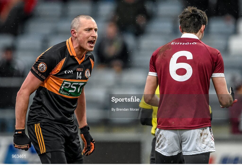 15 February 2015; Kieran Donaghy, Austin Stacks, has words with Chrissy McKaigue, Slaughtneil. AIB GAA Football All-Ireland Senior Club Championship, Semi-Final, Austin Stacks v Slaughtneil, O'Moore Park, Portlaoise, Co. Laois. Picture credit: Brendan Moran / SPORTSFILE