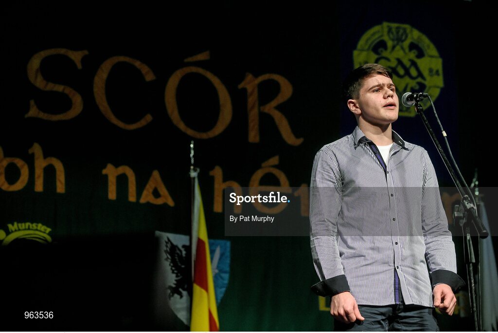 14 February 2015; Proinsias Ó Cathasaigh, Lios Póil, Co. Kerry, competing in the Solo Singing competition during the All-Ireland Scór na nÓg Championship Finals 2015. Citywest Hotel, Saggart, Co. Dublin. Picture credit: Pat Murphy / SPORTSFILE