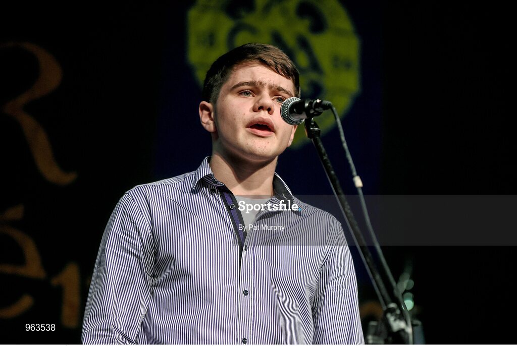 14 February 2015; Proinsias Ó Cathasaigh, Lios Póil, Co. Kerry, competing in the Solo Singing competition during the All-Ireland Scór na nÓg Championship Finals 2015. Citywest Hotel, Saggart, Co. Dublin. Picture credit: Pat Murphy / SPORTSFILE