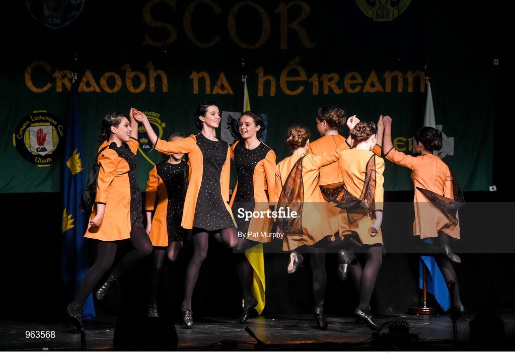 14 February 2015; The Downs, Co. Westmeath, team of Amy Dagg, Erica Hynes, Niamh Rowan, Sophie Joyce, Serena Wynne, Katie McGrath, Orlaith Murray and Cara Hogan, competing in the Figure Dancing competition during the All-Ireland Scór na nÓg Championship Finals 2015. Citywest Hotel, Saggart, Co. Dublin. Picture credit: Pat Murphy / SPORTSFILE
